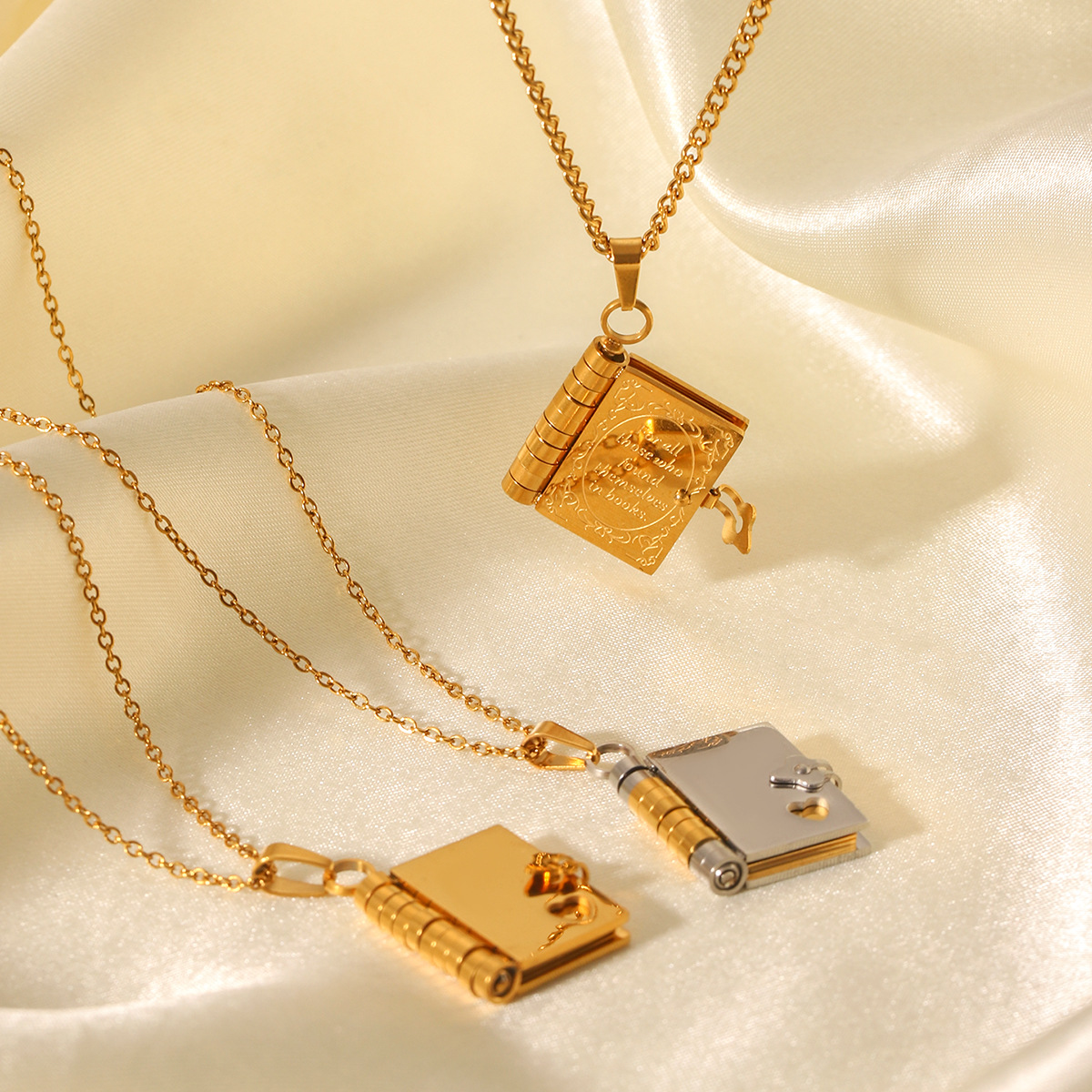 Vintage Stainless Steel Book Locket Necklace For Women Openable Heart Engraved Book Pendant Literary Jewelry Gold Silver Book Necklace Gift