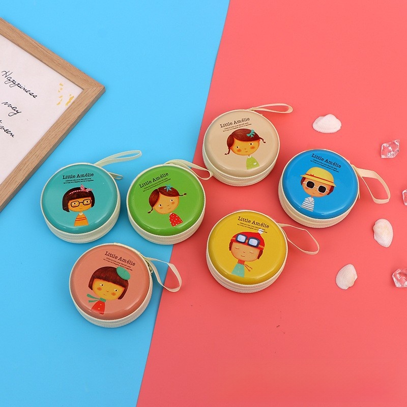 Mini Round Tinplate Coin Purse Cute Cartoon Zipper Headphone Storage Bag Portable Kids Hard Case Small Wallet With Hanging Rope For Coins Keys