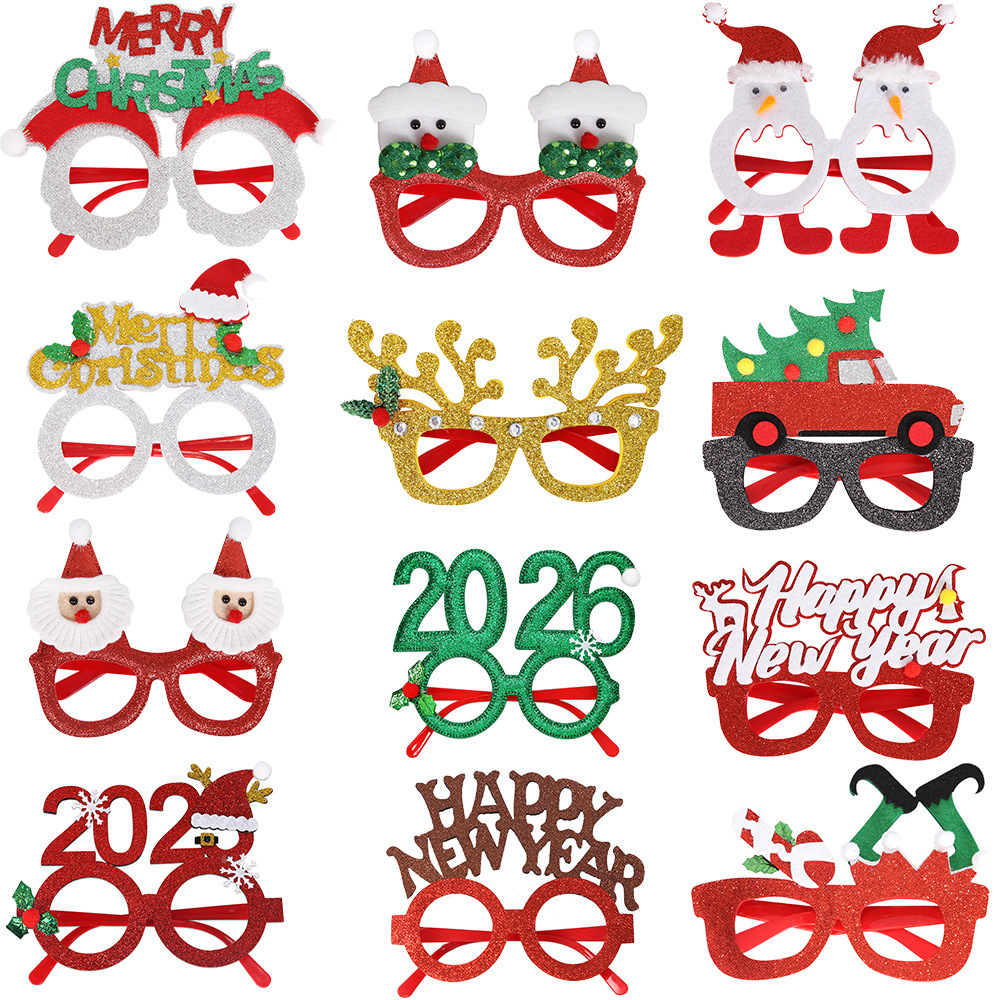 Christmas Party Decorative Glasses Frames Glitter Santa Claus Reindeer Antler Snowman Xmas Tree Novelty Eyewear For Holiday Celebration Costume Photo Props Kids Adults