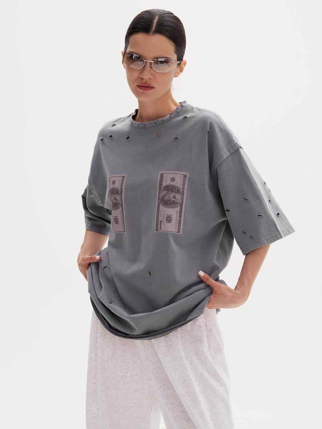Women's Distressed Hole Dollar Print Short Sleeve T-Shirt Streetwear Oversized Cotton Blend Round Neck Summer Tee