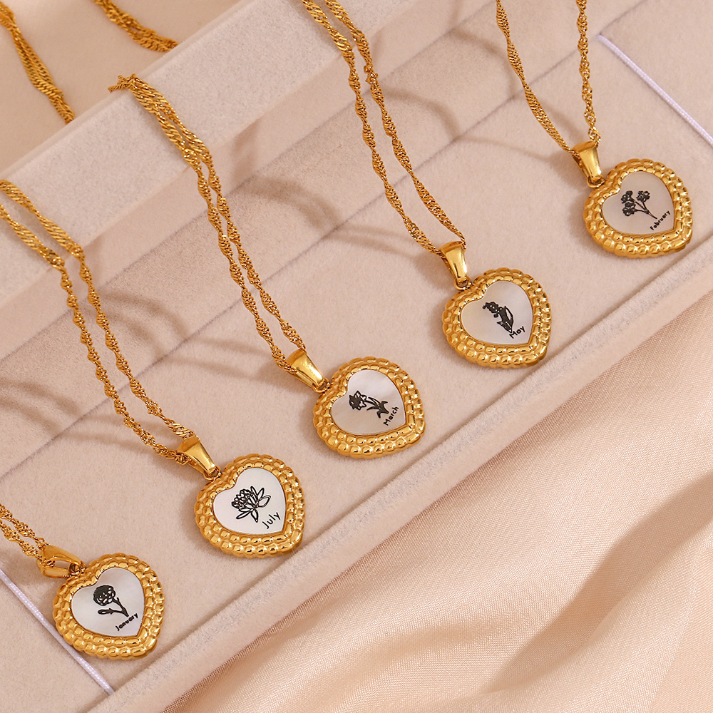Heart Birth Flower Pendant Necklace 18K Gold Plated Stainless Steel Shell Twelve Months Floral Jewelry For Women