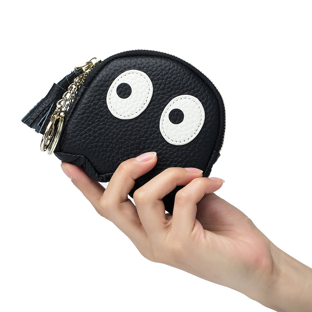 Mini Cartoon Ghost Shape Genuine First Layer Cowhide Leather Coin Purse With Tassel Keychain Small Zipper Pouch For Coins Cards Keys Women Girl