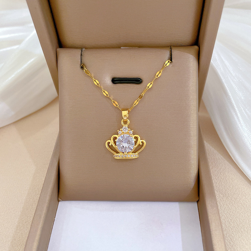 Crown Pendant Necklace Stainless Steel Chain Copper Cubic Zirconia Luxury Rhinestone Clavicle Chain Jewelry For Women