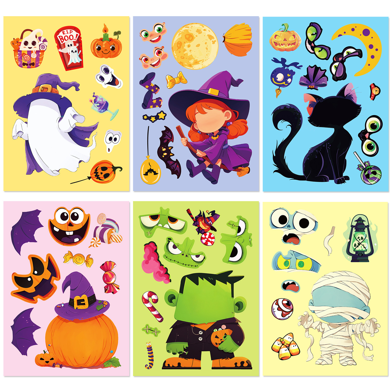 Halloween DIY Stickers Paper PP Make A Face Puzzle Cartoon Cute Ghost Pumpkin Witch For Kids Party Favors Goodie Bag Fillers