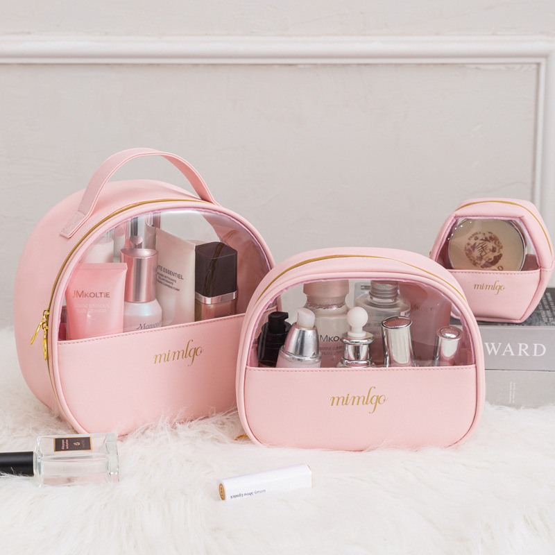 Large Capacity PU Leather Cosmetic Bag With Transparent PVC Window Portable Travel Toiletry Organizer Handheld Crescent Semicircle Makeup Storage Pouch For Women