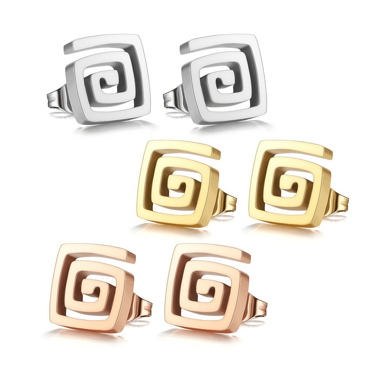 Fashion Minimalist Stainless Steel Geometric Square Spiral Stud Earrings Greek Key Pattern Jewelry For Women Daily Office Wear