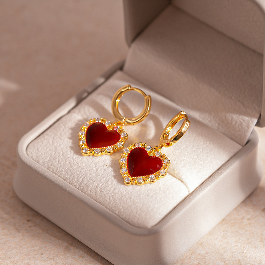 French Vintage Red Heart Drop Earrings Copper Zircon Inlaid Romantic Gold Plated Hoop Earrings With 925 Sterling Silver Pin For Women Jewelry Gift