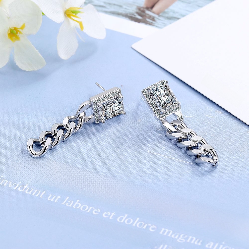 Copper Rectangular Zircon Long Dangle Earrings For Women With Rhinestones And Curb Chain Jewelry Fashionable Earring Post