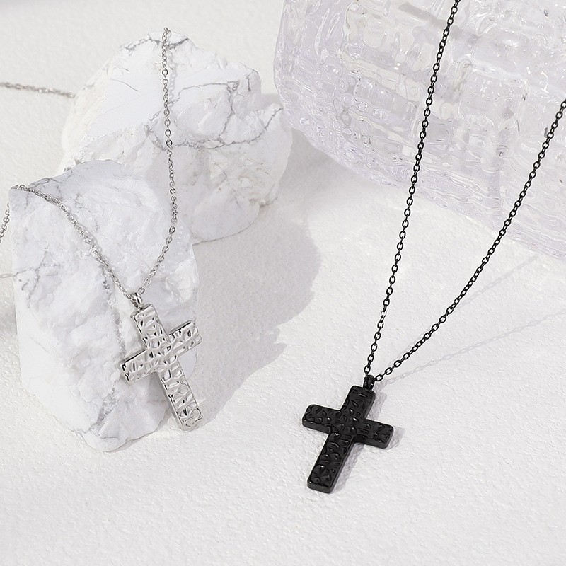 Hammered Cross Pendant Necklace Stainless Steel Rock Texture Minimalist Fashion Jewelry Unisex