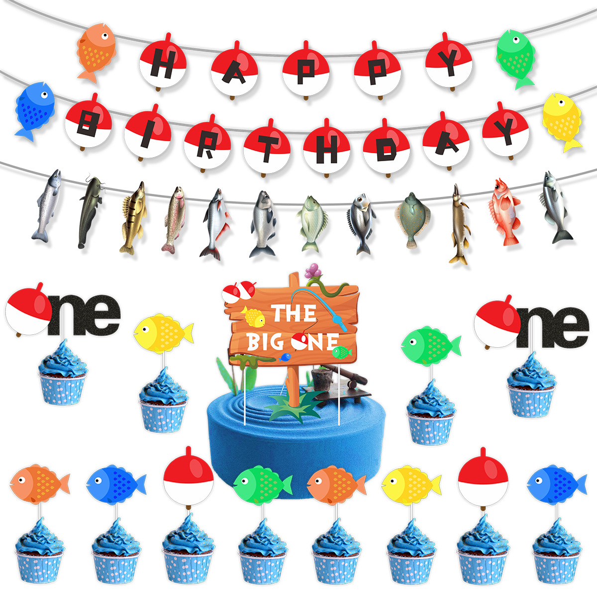 Gone Fishing Birthday Party Decorations Set Fishing Theme Paper Happy Birthday Banner With Wood Stick Cake Toppers Hanging Swirls For Boys First Birthday Party Supplies