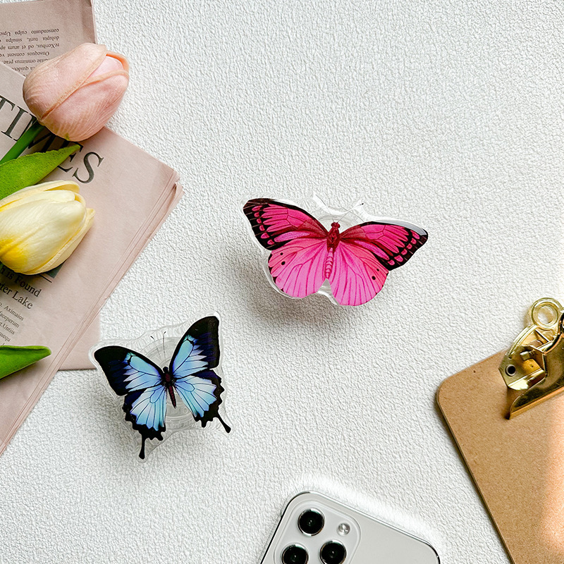 Realistic Butterfly Mobile Phone Grip Holder Transparent Acrylic Retractable Desktop Stand Ins Style Griptok For Women Girls Mobile Accessories