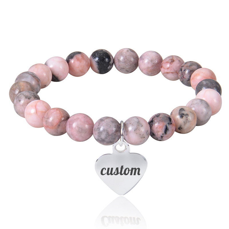 Personalized Custom Name Engraved Natural Stone Beaded Bracelet Stainless Steel Heart Charm Lava Rock Tiger Eye Jewelry Gift For Men Women