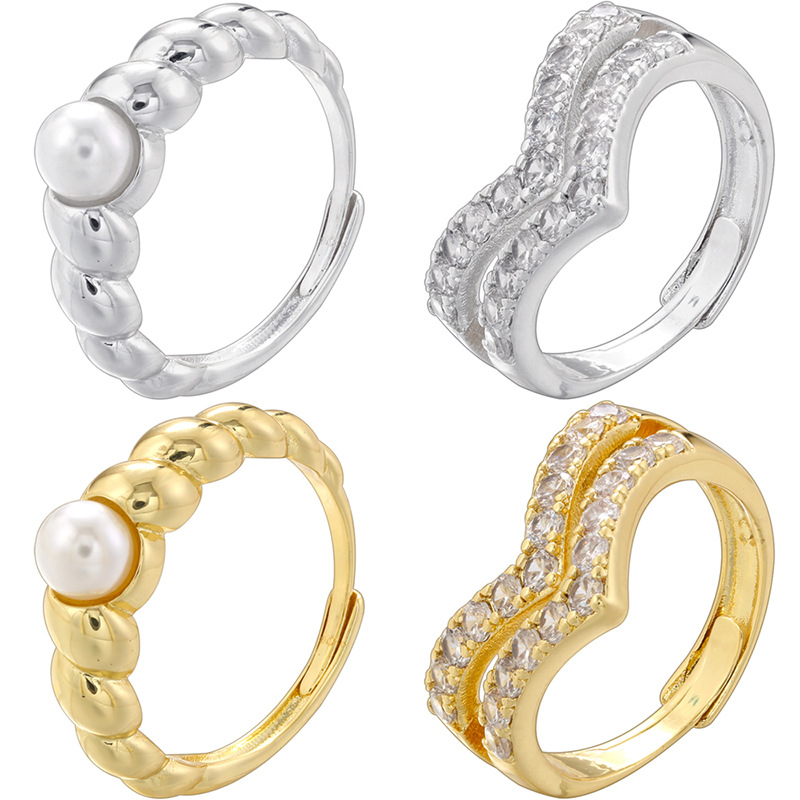 Vintage Twist Knot Pearl Ring V Shape Zircon Double Layer Adjustable Open Ring Copper Jewelry Women