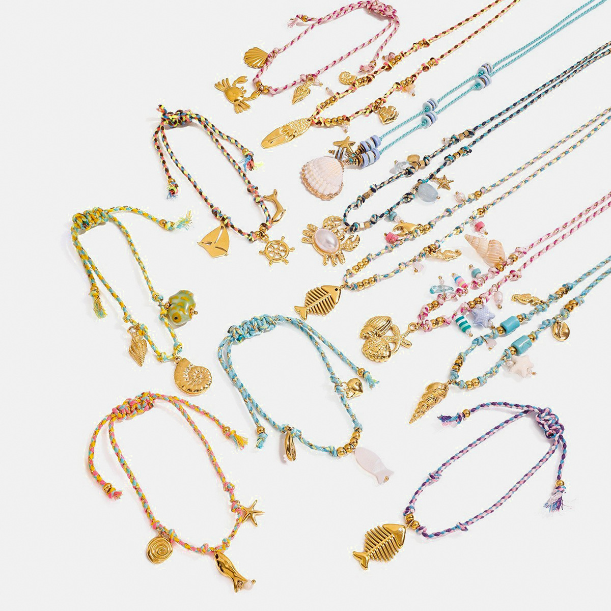Bohemian Ocean Theme Stainless Steel Pendant Necklace Set Braided Rope Sea Shell Starfish Fishbone Jewelry For Women Summer Beach Vacation Gift Waterproof Hypoallergenic