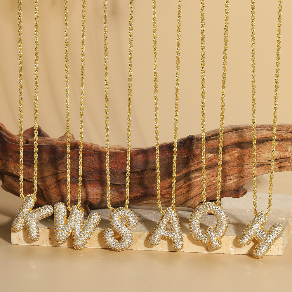 Initial Letter Pendant Necklace Gold Plated Copper Pavé Cubic Zirconia Hip Hop Streetwear Bubble Retro Jewelry Women