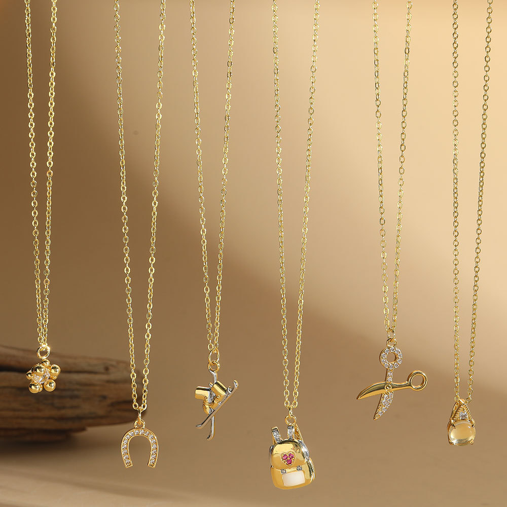 Vintage Cute Scissor Pendant Necklace Gold Plated Copper Zircon Jewelry For Women Minimalist Design Daily Wear Original Backpack Horseshoe Accessories