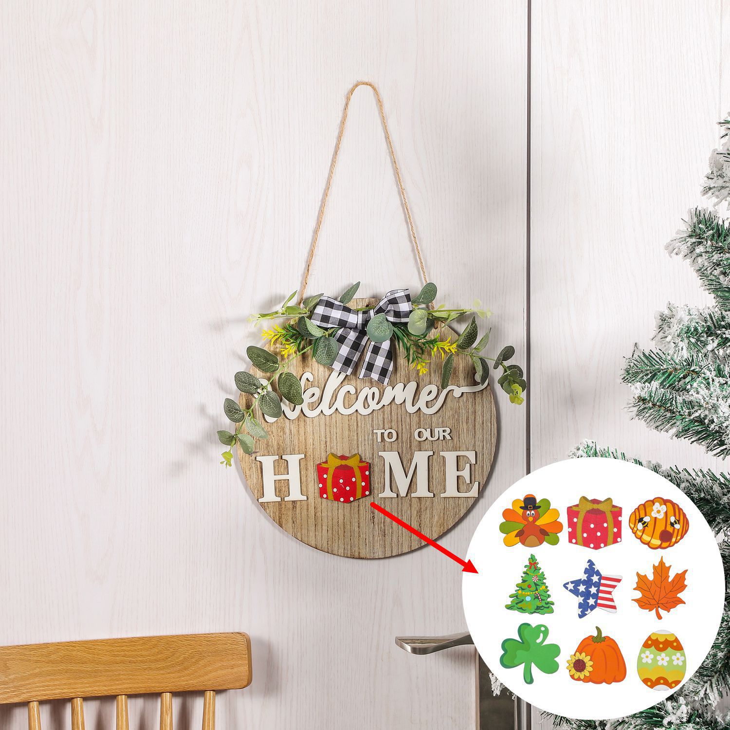 Interchangeable Seasonal Welcome Sign For Front Door Rustic Wooden Round Welcome To Our Home Hanger With 9 Icons Holiday Home Decor Wall Art