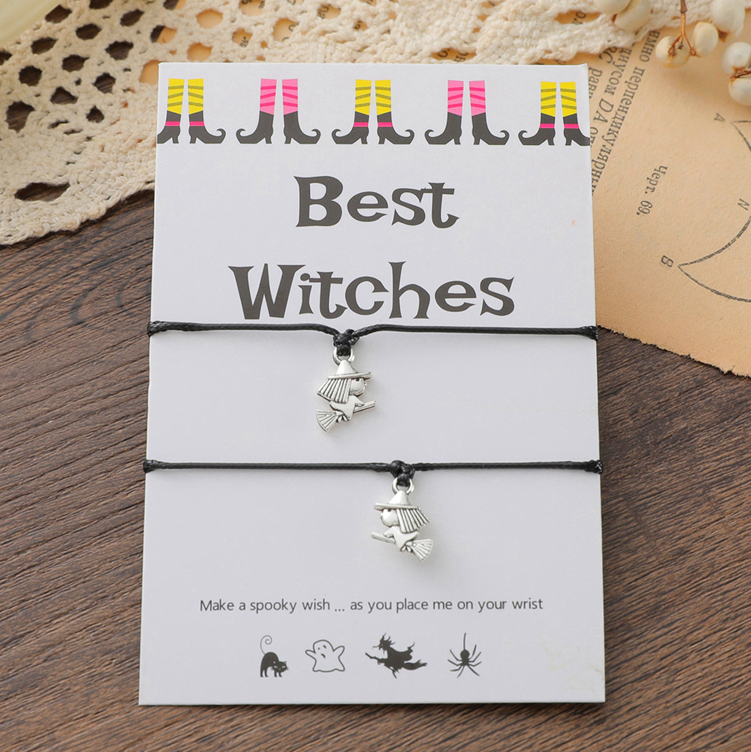 2Pcs Halloween Witch Bracelet Set Adjustable Wax Rope Alloy Little Witch Evil Witch Pendant Bracelets For Best Friend Gift Party Jewelry