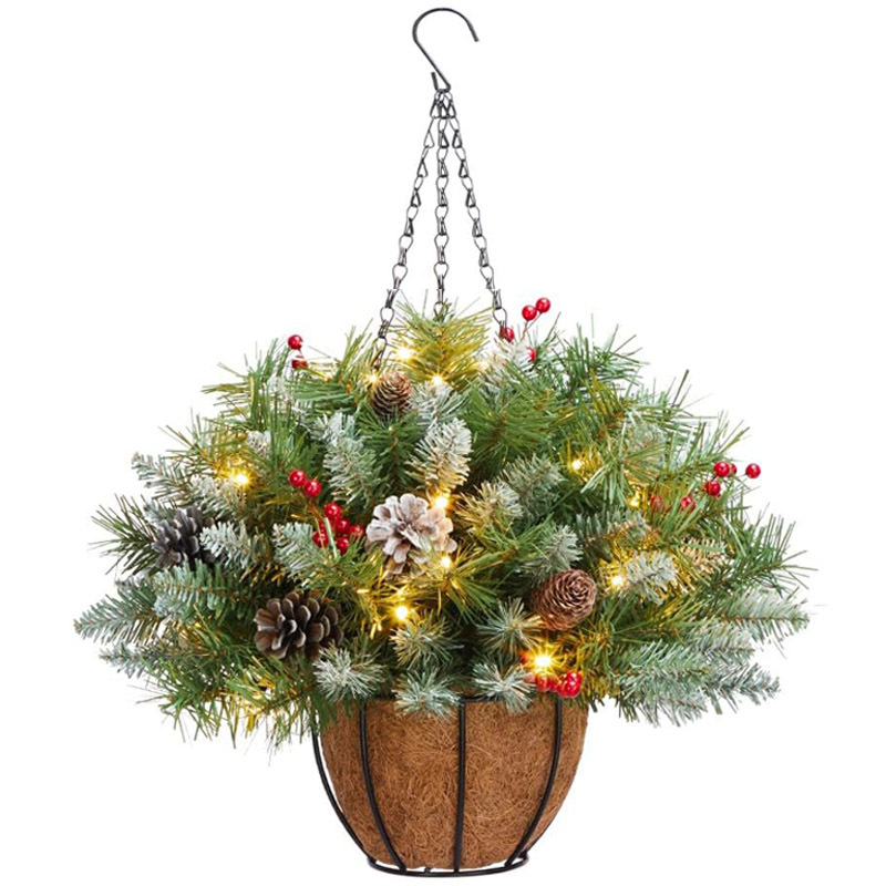 Pre-Lit Artificial Christmas Hanging Basket With LED Lights PVC Pine Needles Pine Cones Red Berries Metal Chain Coconut Liner For Home Holiday Decoration