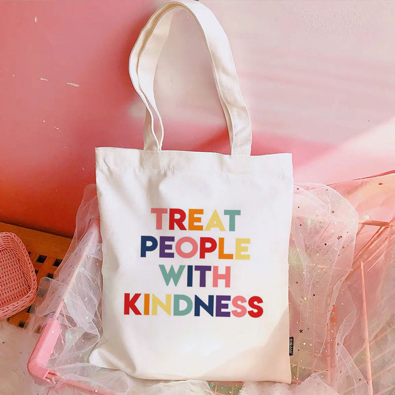 Treat People With Kindness Canvas Tote Bag Women Large Capacity Reusable Shopping Bag Harajuku Shoulder Bag Casual Eco-Friendly Handbag Daily Travel Bag