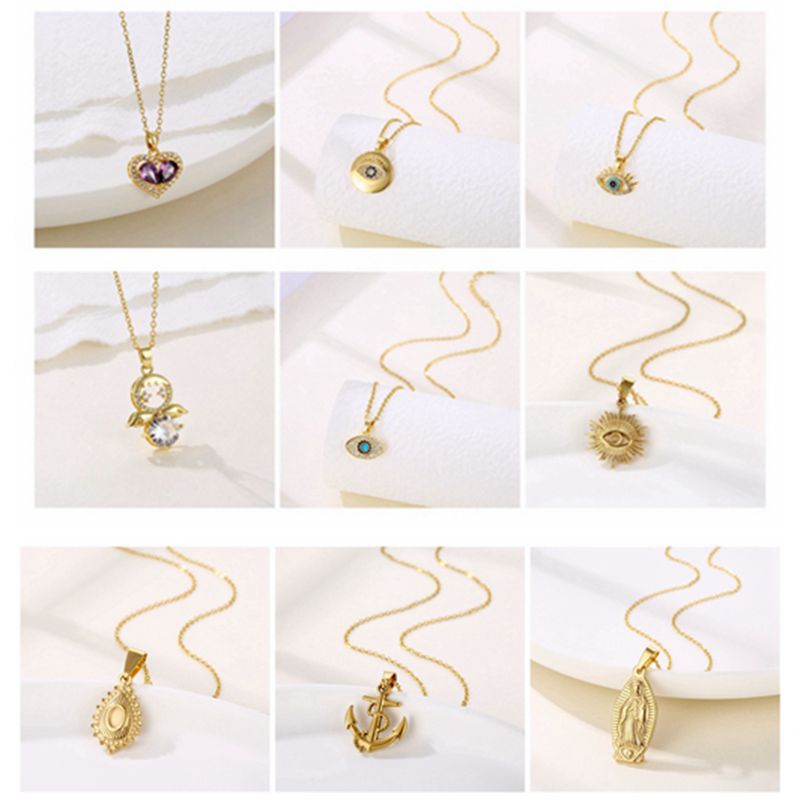 Bohemian Gold Plated Stainless Steel Evil Eye Pendant Necklace Vintage Heart Cross Angel Virgin Mary Amulet Zirconia Jewelry for Women