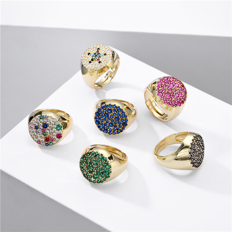 Vintage Round Micro Pave Zircon Open Ring Copper Colorful Adjustable Cocktail Jewelry For Women