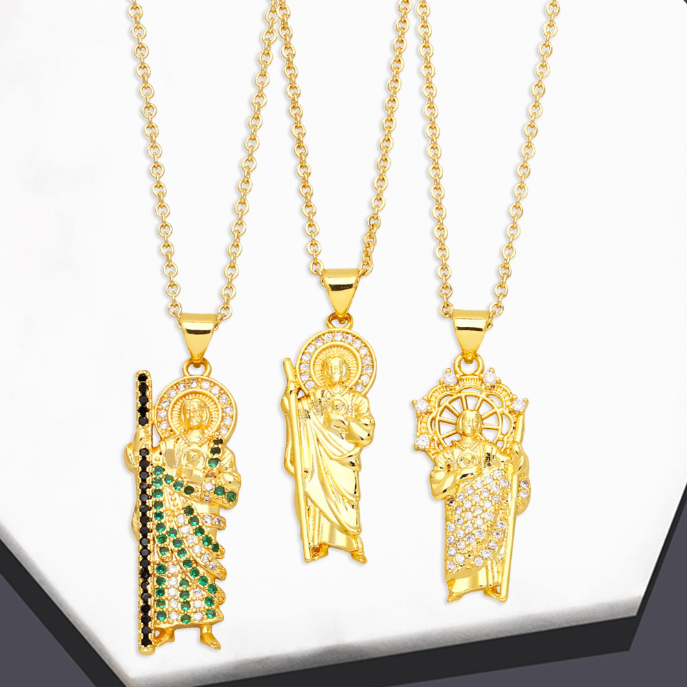 Saint Jude Pendant Necklace Copper 18K Gold Plated Colorful Cubic Zirconia Religious Figure Jewelry Women