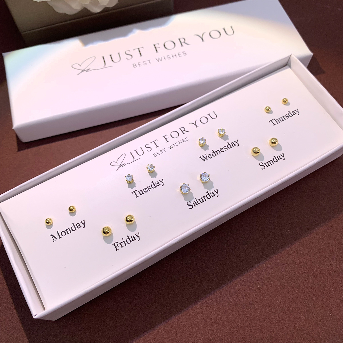 Week Earrings Set Copper Zirconia Gold Plated Daily Wear Jewelry Gift Box For Women Student Girls Fresh Style Ear Studs