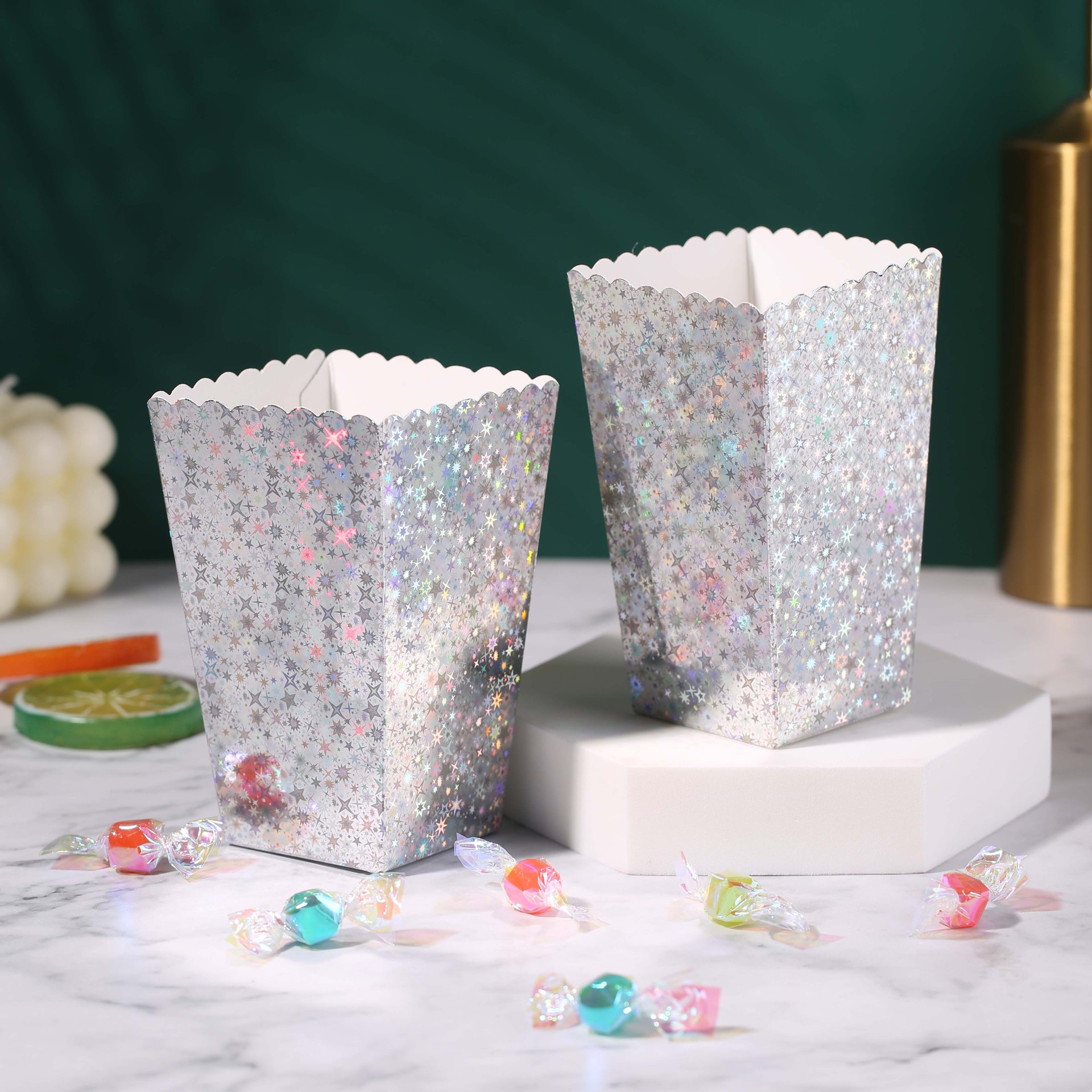 Laser Holographic Popcorn Boxes Party Favor Boxes Cardboard Treat Boxes For Candy Snacks Popcorn Birthday Wedding Anniversary Party Supplies