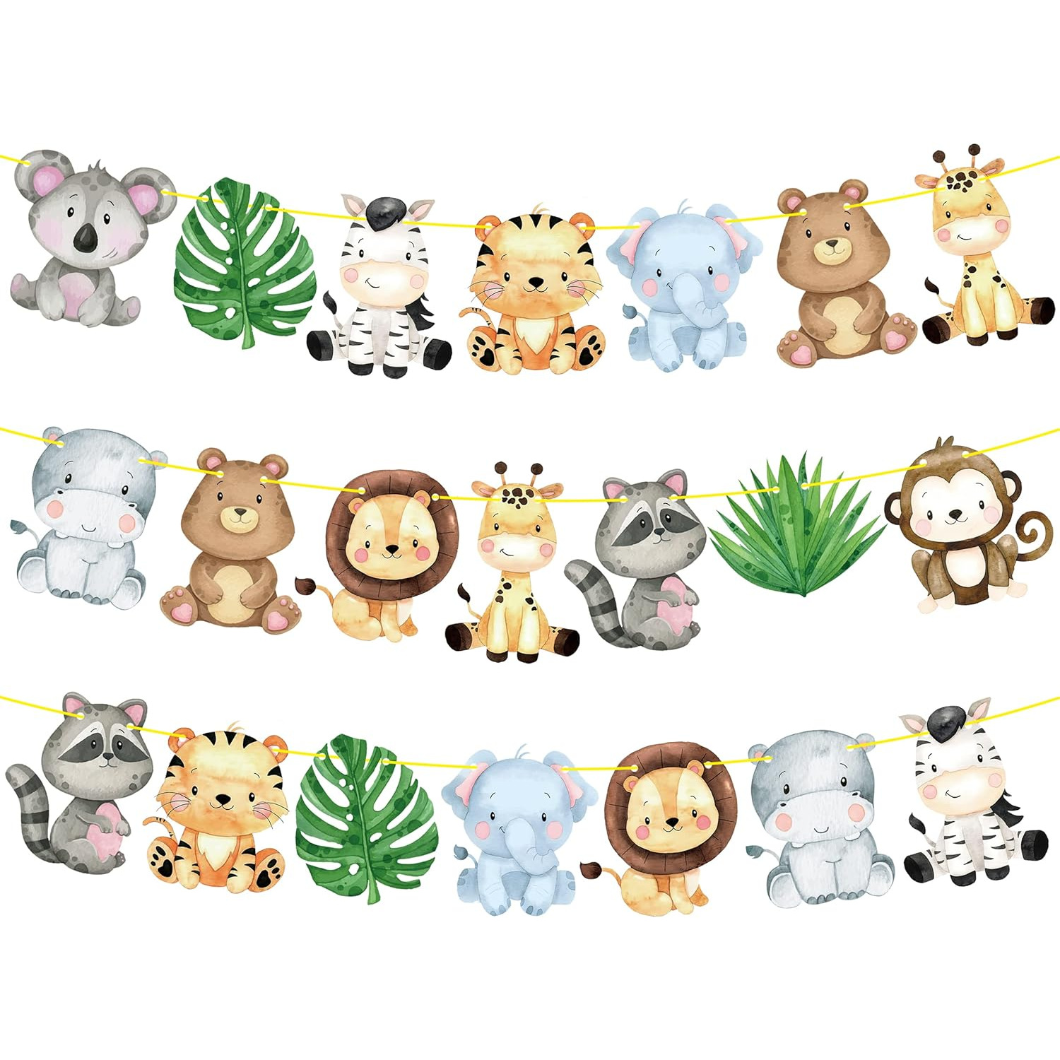 Jungle Animal Party Banner Watercolor Paper Safari Birthday Decoration 12ft Pre-strung Cartoon Animal Green Leaves Bunting For Kids Party Supplies