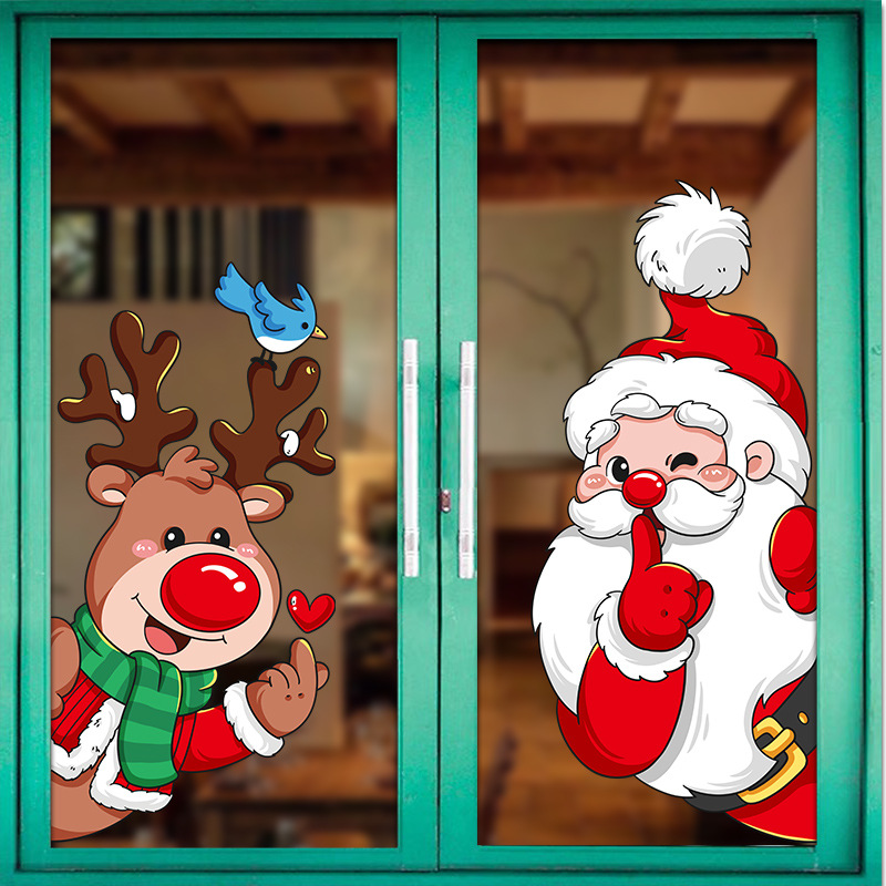 Christmas Window Static Stickers PVC Removable Double Sided Santa Claus Reindeer Snowman Decals For Shop Store Glass Window Home Party Christmas Decorations