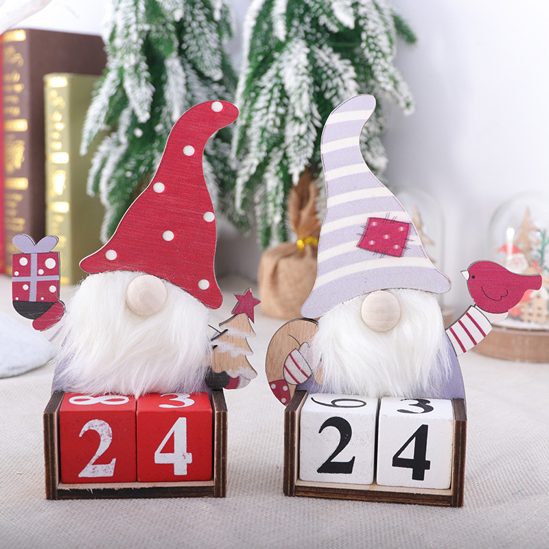Handmade Christmas Wooden Gnome Perpetual Calendar Desktop Decoration Xmas Countdown Block Calendar For Home Office Holiday Table Decor