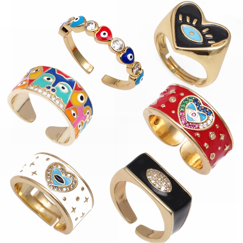 Evil Eye Heart Ring Copper Enamel Adjustable Zircon Gold Plated Fashion Jewelry For Women Geometric Opening Statement