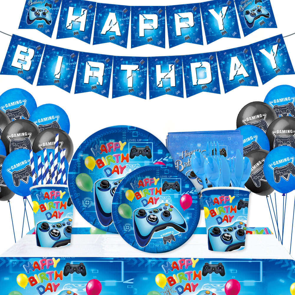 Blue Video Game Theme Party Supplies Set Disposable Paper Plates Napkins Cups Balloons Tablecloth For Boys Birthday Gamer Gaming Party Decorations