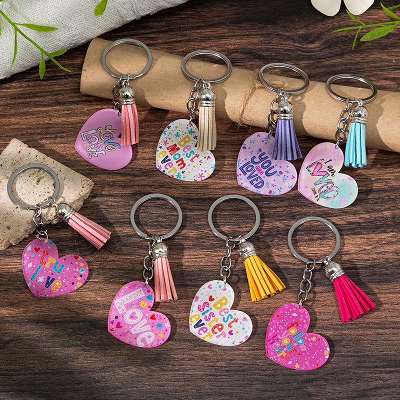 Acrylic Heart Slogan Keychain With Tassel For Women Girls Best Mom Ever Love You Bag Pendant Mother's Day Gift Jewelry Accessory