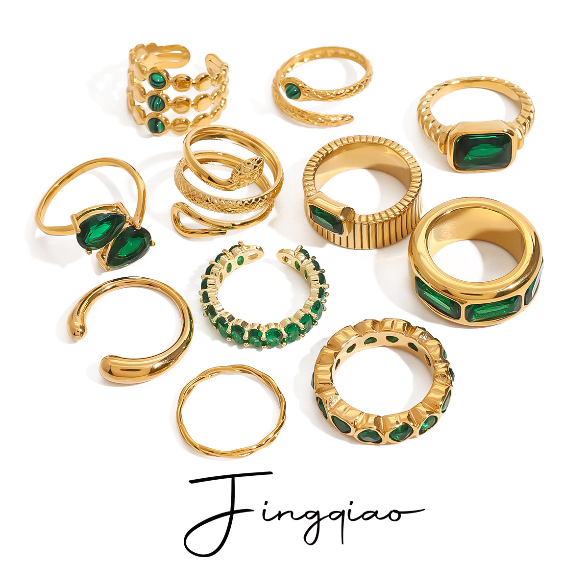 Vintage Gold Plated Stainless Steel Rings Set Green Zirconia Heart Snake Adjustable Rings For Women Luxury Statement Party Jewelry With Waterproof Anti-Allergy Property