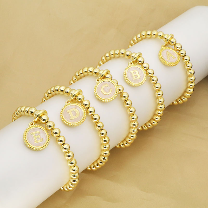 Fashion 18k Gold Plated Copper Bead Initial Bracelet Women Adjustable Pink Enamel Round 26 Capital Letter Pendant Bolo Bracelets Personalized Jewelry