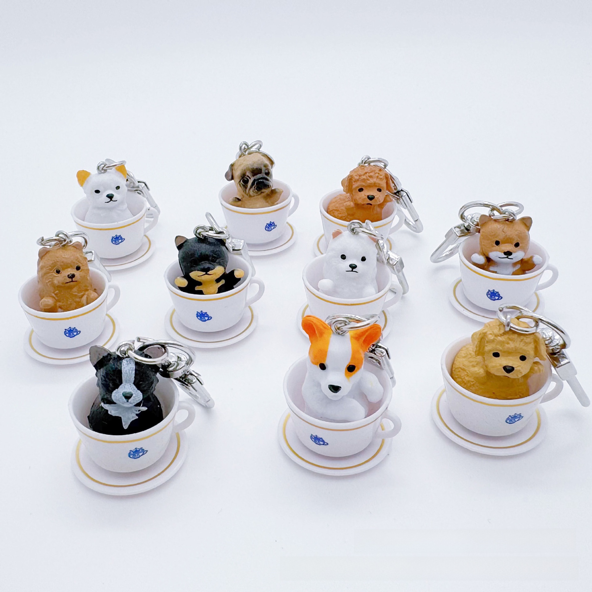 Cute Cartoon Teacup Dog Keychain PVC Animal Figurine Bag Pendant Resin Puppy In Cup Keyring For Women Kids Party Favor Gift