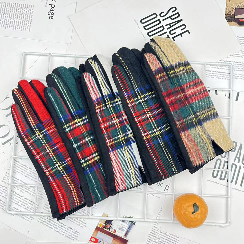 Women's Winter Thickened Warm Plaid Gloves Touch Screen Woolen Suede Full Finger Mittens British Retro Retro Style For Riding Daily Outdoor Wear