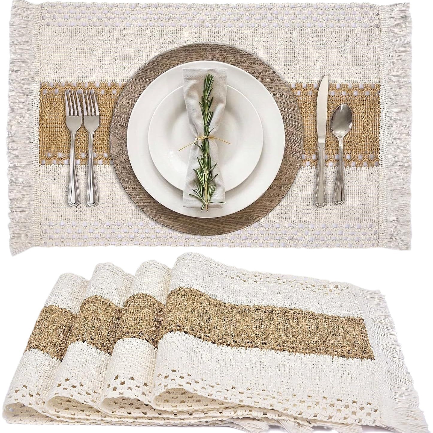 Bohemian Woven Placemats Cotton Linen Jute Table Mats with Tassels Heat Resistant Washable Place Mats for Kitchen Dining Table Wedding Party Decor