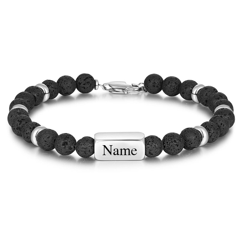 Personalized Custom Name Black Lava Stone Tiger Eye Beaded Bracelet For Men Stainless Steel Metal Charm Leather Woven Bracelet Jewelry Gift