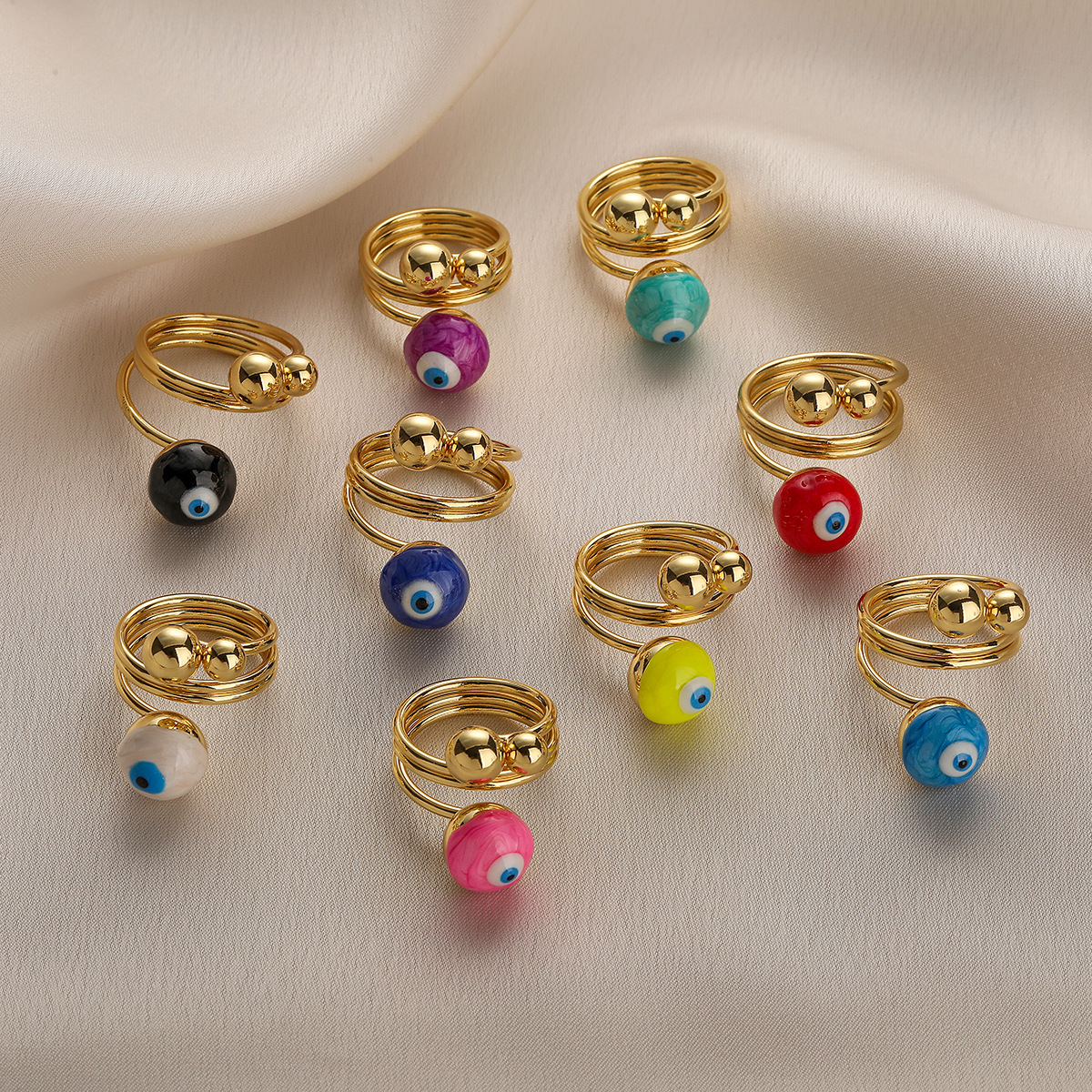 Evil Eye Spiral Ring Copper Gold Plated Enamel Adjustable Open Geometric Finger Jewelry Retro Colorful For Women