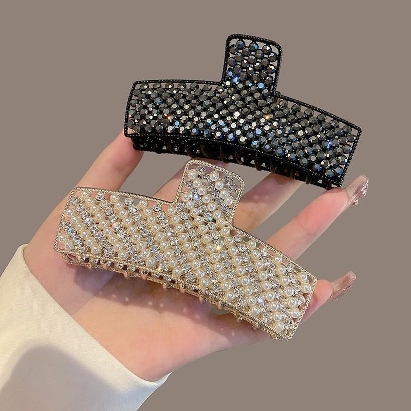 Fashion Alloy Hair Claw Clip With Checkerboard Bow Butterfly Design Rhinestone Pearl Hairpins Metal Shark Clip For Women Elegant Hair Accessories