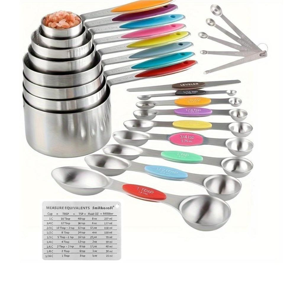 Professional Stainless Steel Measuring Cups and Spoons Set with Colored Silicone Handles 23-Piece Kitchen Baking Tools with Magnetic Conversion Chart for Cooking Flour Liquid
