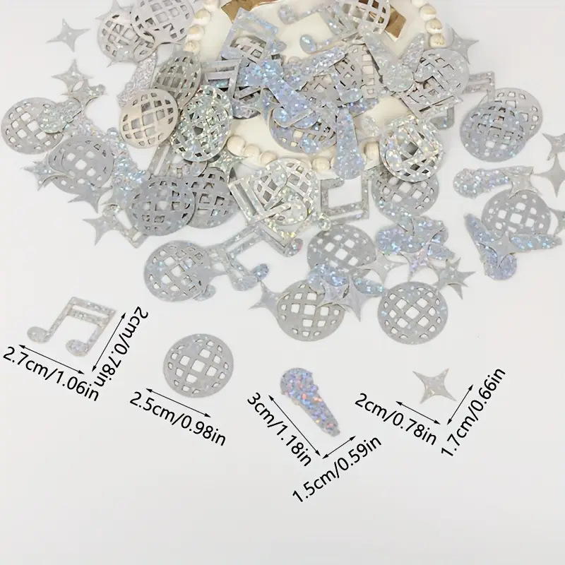 100pcs Music Disco Theme Party Confetti Holographic Silver Laser Paper Musical Note Microphone Star Table Scatters For Disco Birthday Wedding Celebration Decorations