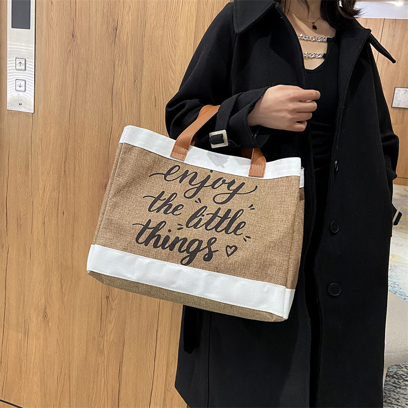 Women's Large Capacity Jute Canvas Tote Bag Printed Enjoy The Little Things Contrast Color Shoulder Handbag With PU Leather Handle For Daily Commuting Casual