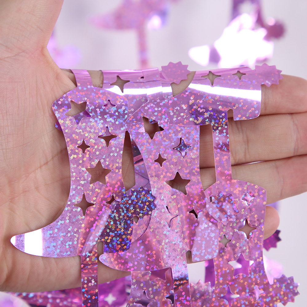 Holographic Cowboy Boot Foil Fringe Curtain Metallic Star Tinsel Backdrop For Western Cowboy Theme Party Birthday Decorations Events Celebrations