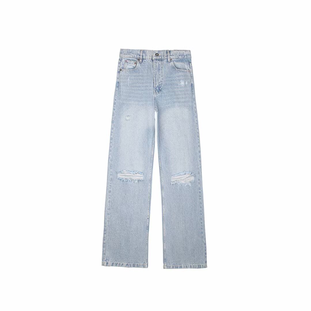Women's Low Waist Washed Cotton Denim Jeans Distressed Ripped Straight Leg Trousers Fashion Streetwear Casual Pants For Ladies