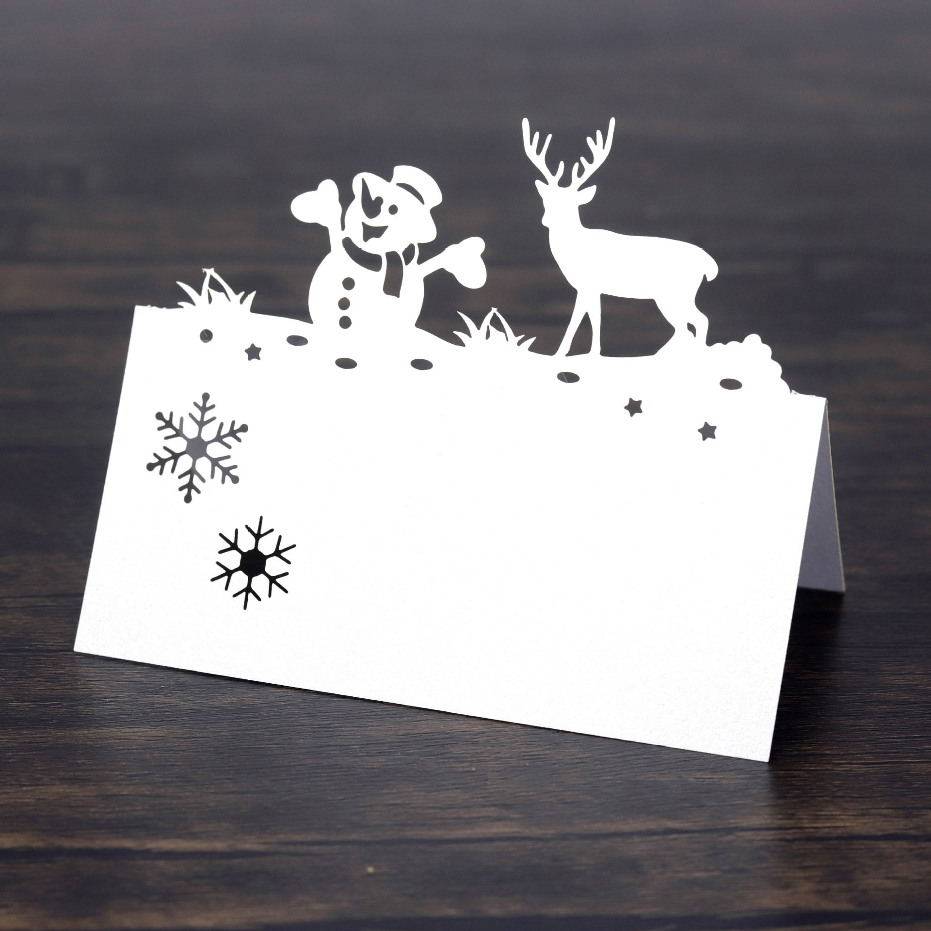 Laser Cut Christmas Snowman Reindeer Place Cards Pearlescent Paper Snowflake Table Name Cards For Xmas Party Holiday Dinner Banquet Decoration