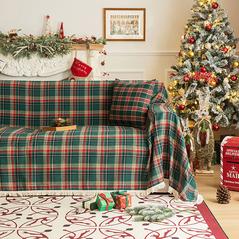 Christmas Plaid Sofa Cover Retro Scottish Checkered Throw Blanket With Tassels For Living Room Decor Polyester Xmas Holiday Furniture Protector